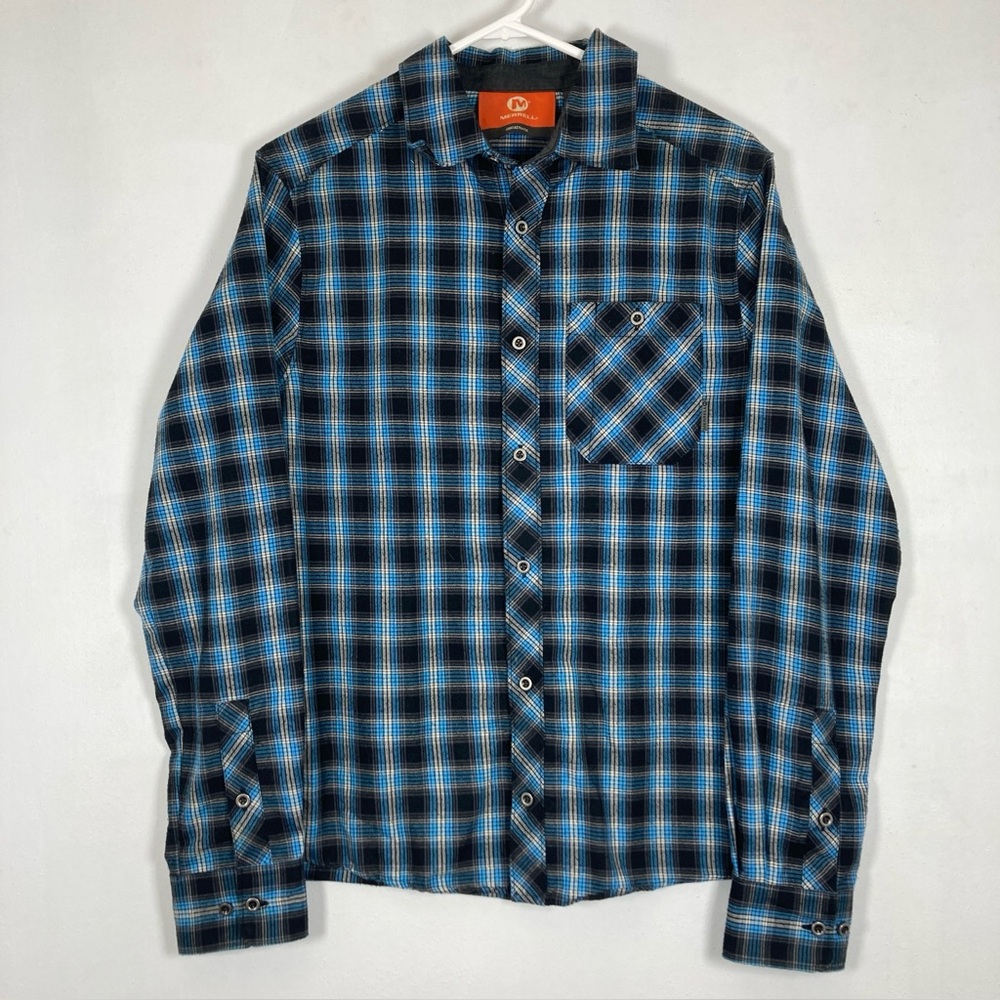 Merrell Select Wick Button Up Shirt Mens Size S/P Blue/Black  Long Sleeve Plaid